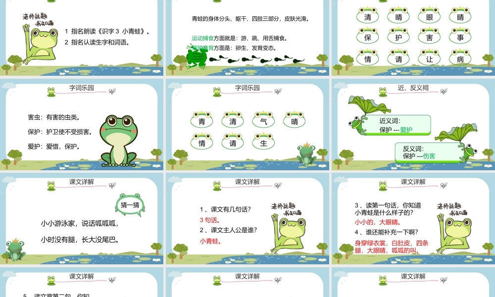 2022小青蛙PPT卡通风识字第3课小学一年级语文下册人教版教学课件.pptx