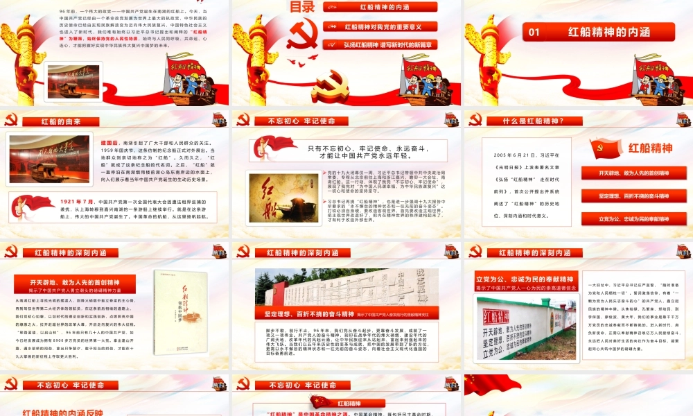 框架全面完整红色大气党政党课红船精神再出发PPT模板.pptx
