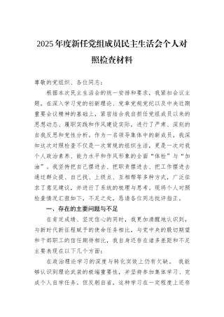 2025年度新任党组成员民主生活会个人对照检查材料.docx