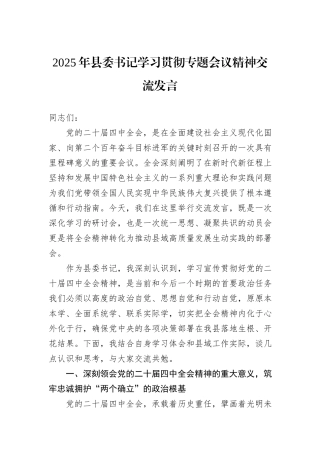 2025年县委书记学习贯彻专题会议精神交流发言.docx