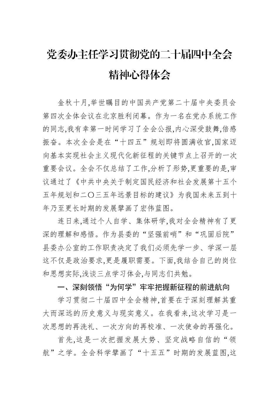 党委办主任学习贯彻党的二十届四中全会精神心得体会.docx_第1页