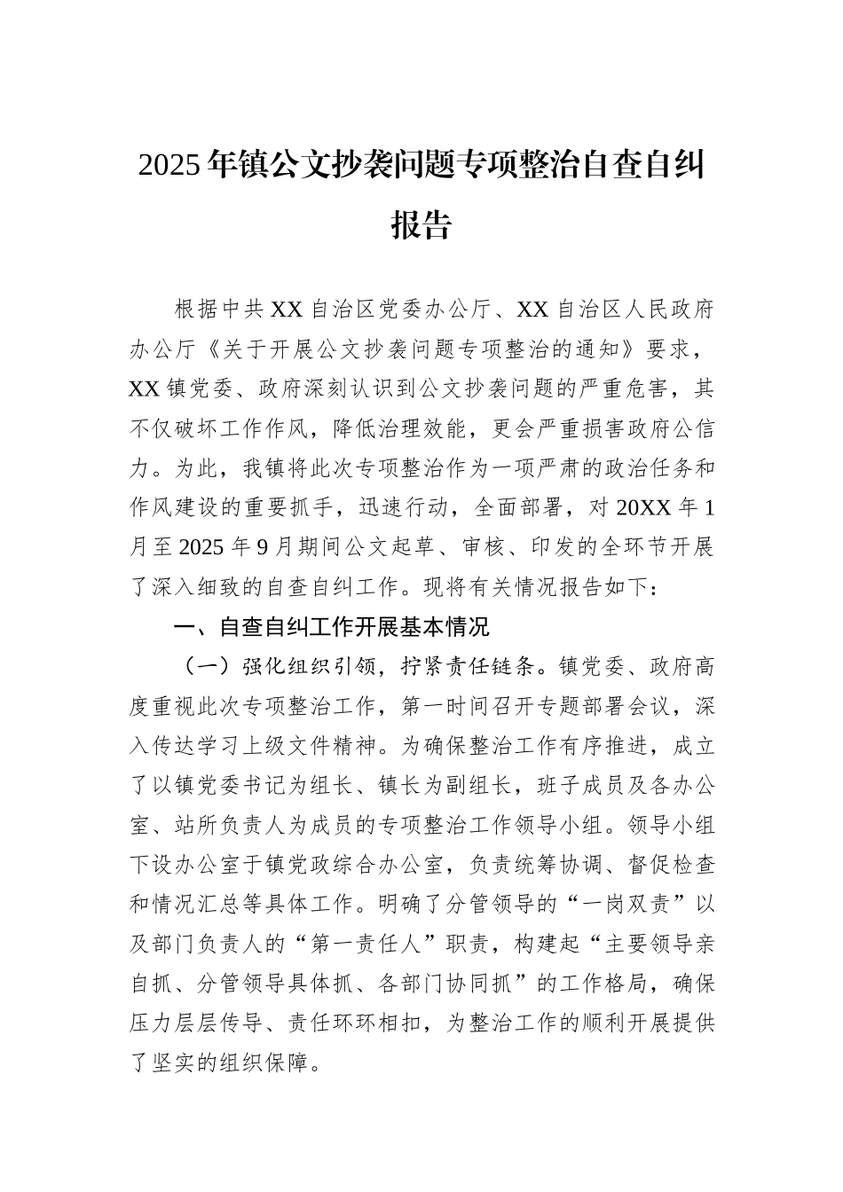 2025年镇公文抄袭问题专项整治自查自纠报告.docx_第1页