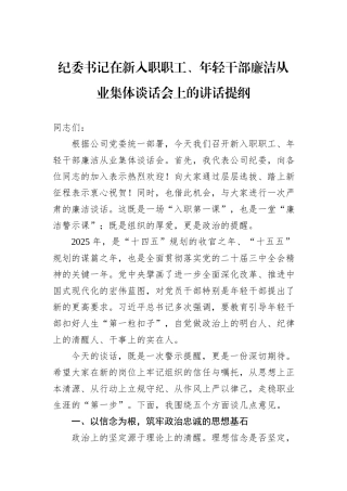 纪委书记在新入职职工、年轻干部廉洁从业集体谈话会上的讲话提纲.docx