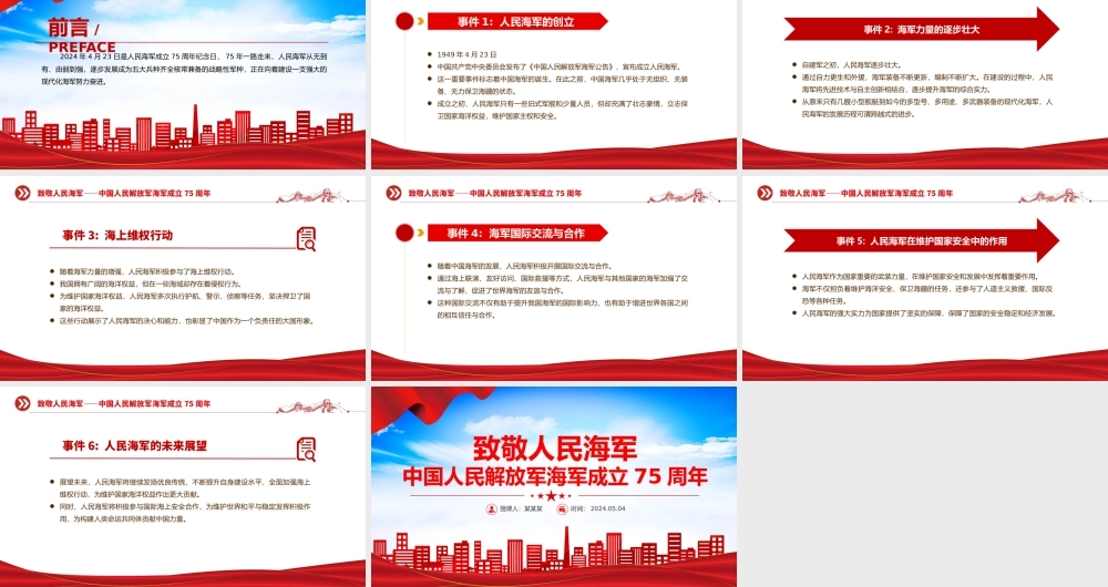 致敬人民海军PPT大气简洁中国人民解放军海军成立75周年课件下载.pptx