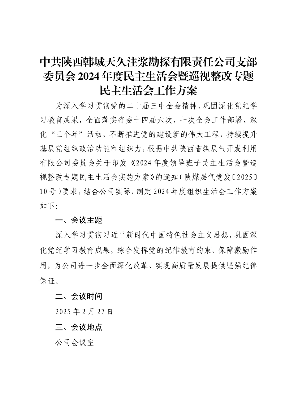 关于召开2024年度领导班子民主生活会暨巡视整改专题民主生活会的请示（天久公司）.doc_第3页
