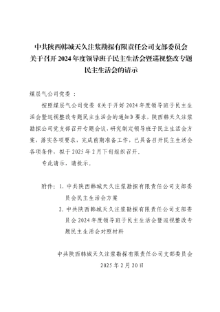 关于召开2024年度领导班子民主生活会暨巡视整改专题民主生活会的请示（天久公司）.doc