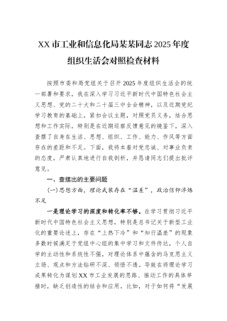 XX市工业和信息化局某某同志2025年度组织生活会对照检查材料.docx