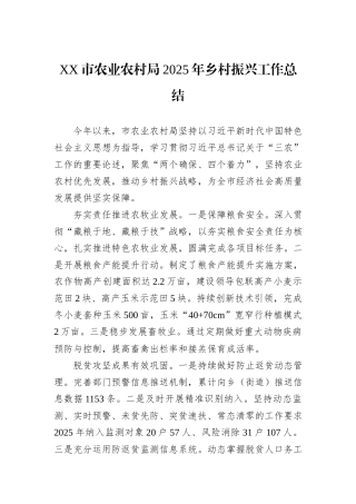 XX市农业农村局2025年乡村振兴工作总结.docx