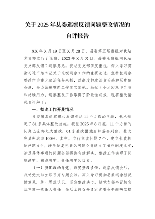 关于2025年县委巡察反馈问题整改情况的自评报告.docx