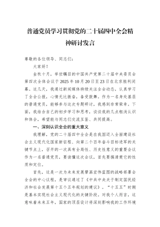 普通党员学习贯彻党的二十届四中全会精神研讨发言.docx