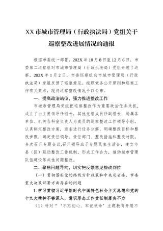XX市城市管理局（行政执法局）党组关于巡察整改进展情况的通报.docx