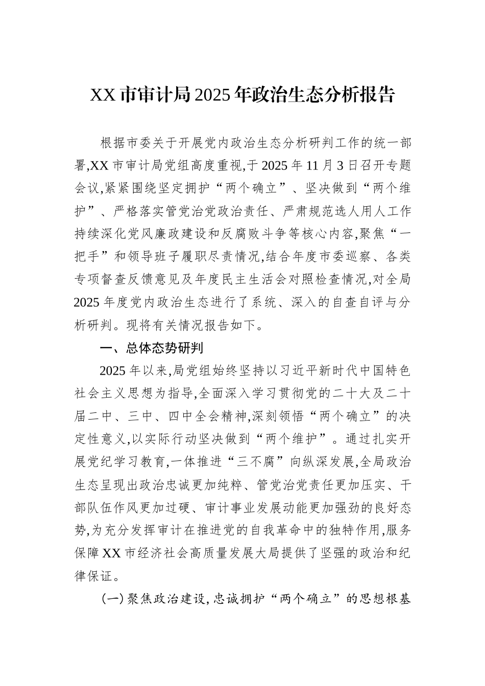 XX市审计局2025年政治生态分析报告.docx_第1页