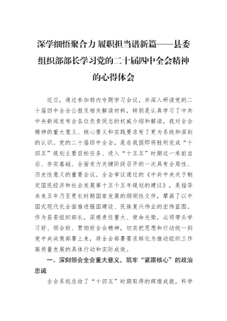 深学细悟聚合力+履职担当谱新篇——县委组织部部长学习党的二十届四中全会精神的心得体会.docx