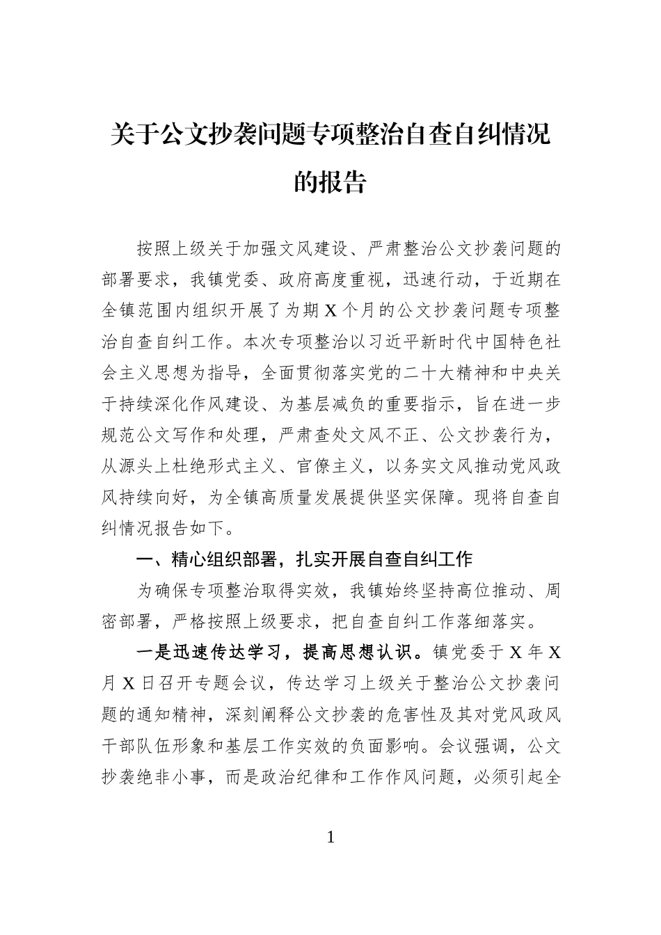 关于公文抄袭问题专项整治自查自纠情况的报告.docx_第1页