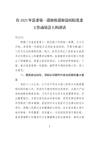 在2025年县委第一巡察组巡察县医院党委工作动员会上的讲话.docx