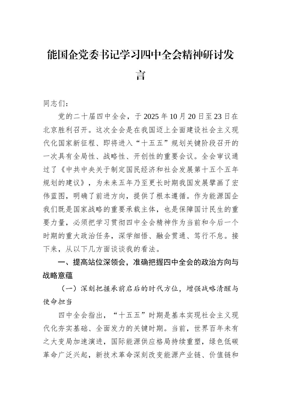 能国企党委书记学习四中全会精神研讨发言.docx_第1页