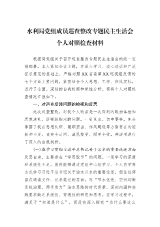 水利局党组成员巡查整改专题民主生活会个人对照检查材料.docx