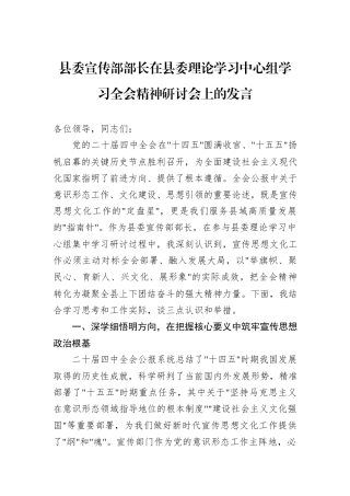 县委宣传部部长在县委理论学习中心组学习全会精神研讨会上的发言.docx
