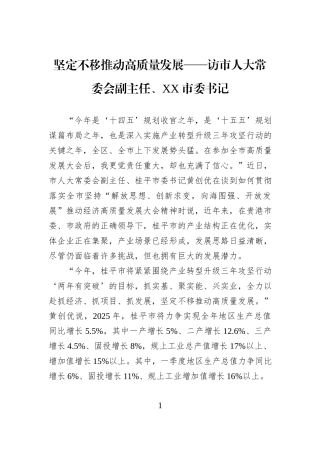 坚定不移推动高质量发展——访市人大常委会副主任、XX市委书记.docx