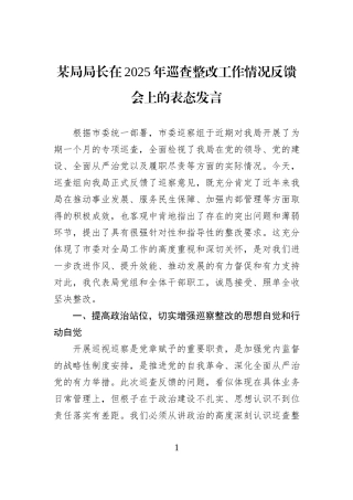 某局局长在2025年巡查整改工作情况反馈会上的表态发言.docx