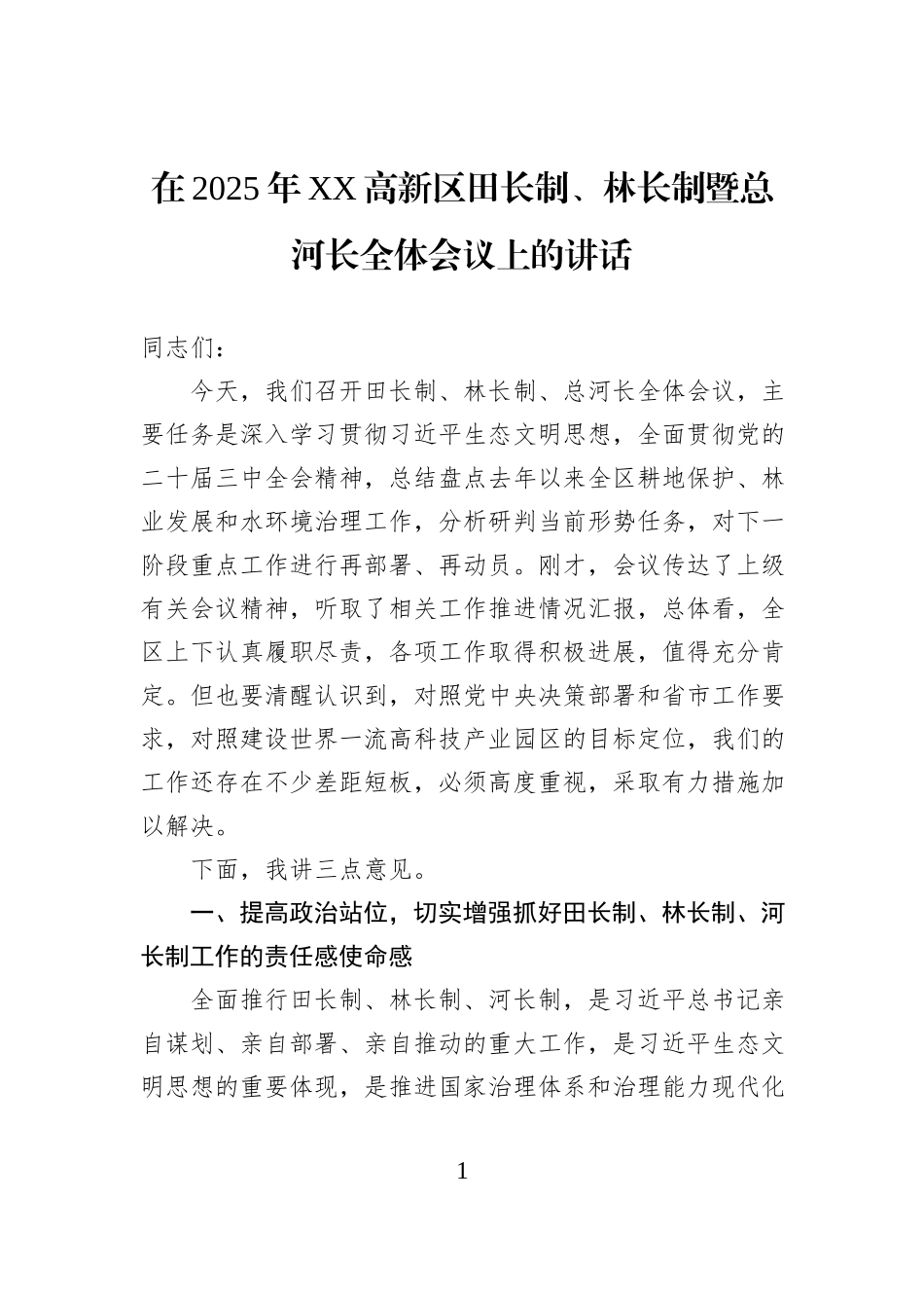 在2025年XX高新区田长制、林长制暨总河长全体会议上的讲话.docx_第1页