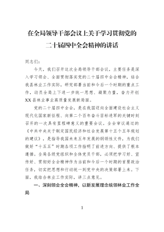 在全局领导干部会议上关于学习贯彻党的二十届四中全会精神的讲话.docx