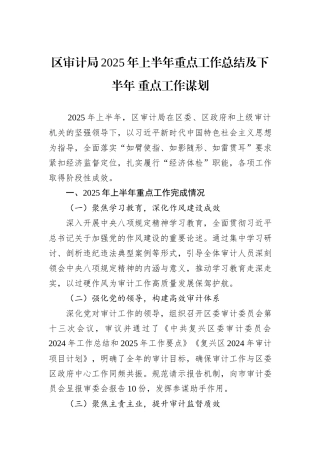 区审计局2025年上半年重点工作总结及下半年重点工作谋划.docx