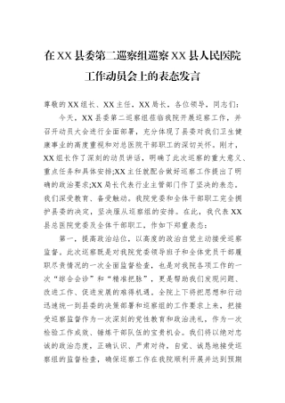 在XX县委第二巡察组巡察XX县人民医院工作动员会上的表态发言.docx