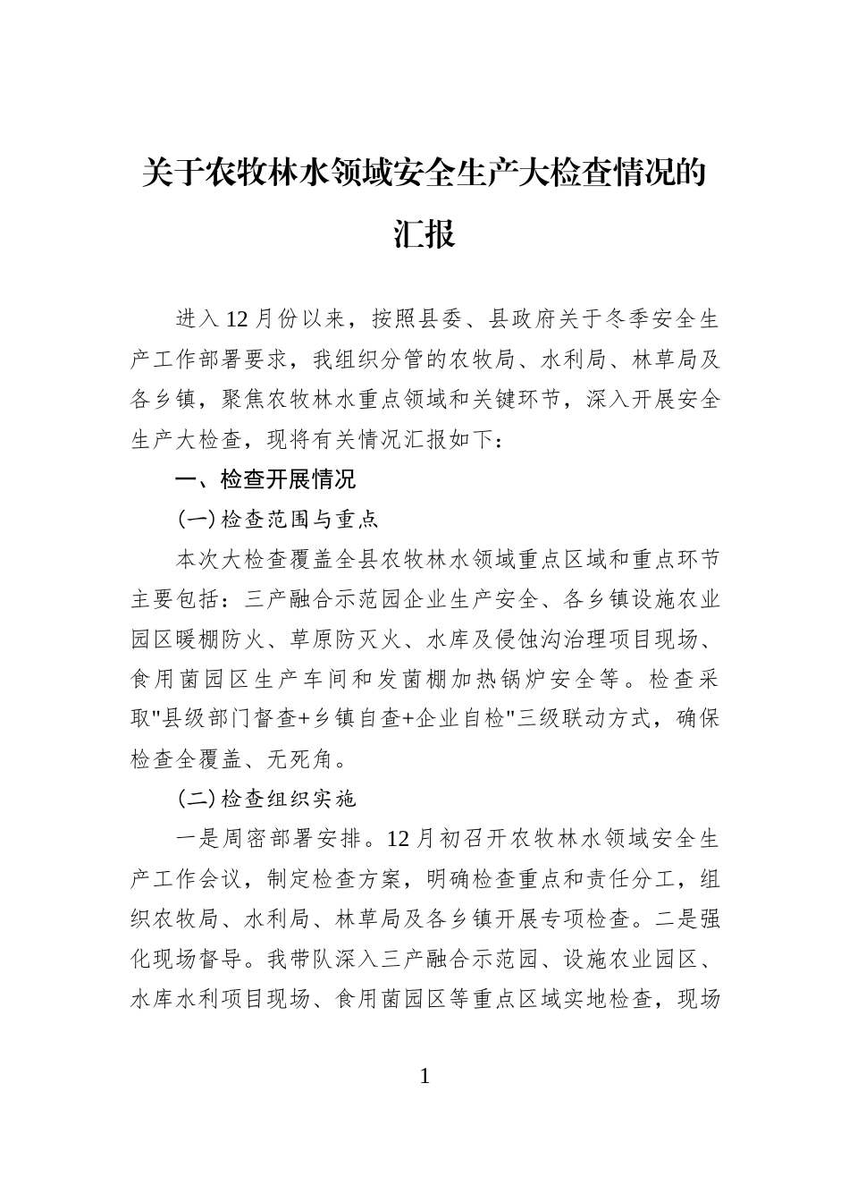 关于农牧林水领域安全生产大检查情况的汇报.docx_第1页