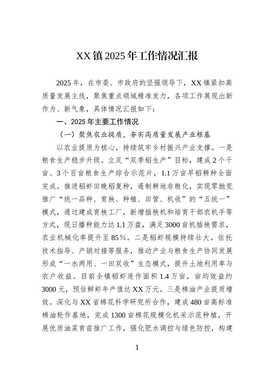 XX镇2025年工作情况汇报.docx_第1页