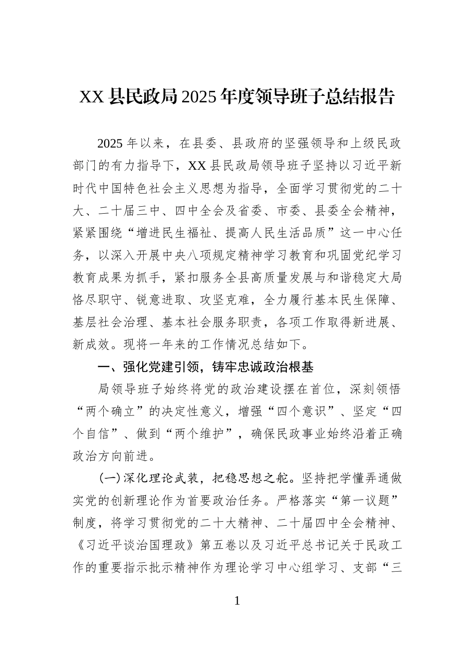 XX县民政局2025年度领导班子总结报告.docx_第1页