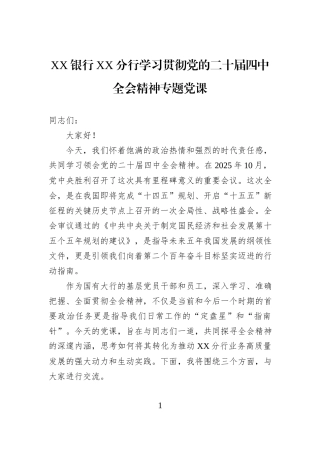 XX银行XX分行学习贯彻党的二十届四中全会精神专题党课.docx