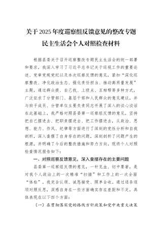 关于2025年度巡察组反馈意见的整改专题民主生活会个人对照检查材料.docx