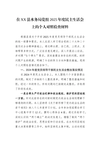 在XX县水务局党组2025年度民主生活会上的个人对照检查材料.docx