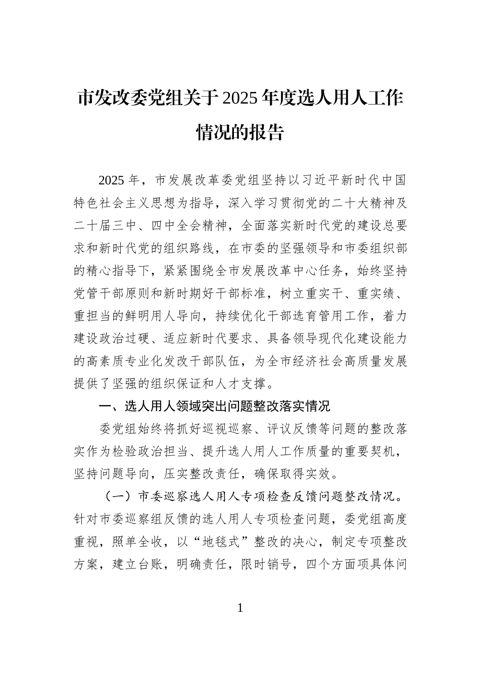 市发改委党组关于2025年度选人用人工作情况的报告.docx_第1页