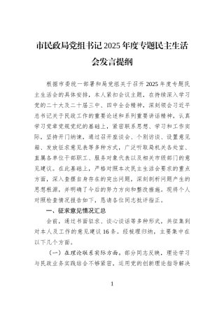 市民政局党组书记2025年度专题民主生活会发言提纲.docx