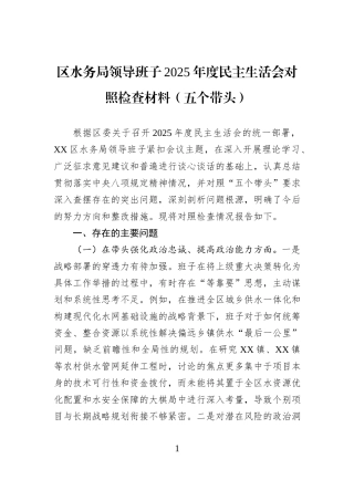 区水务局领导班子2025年度民主生活会对照检查材料（五个带头）.docx