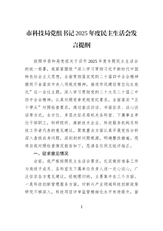 市科技局党组书记2025年度民主生活会发言提纲.docx