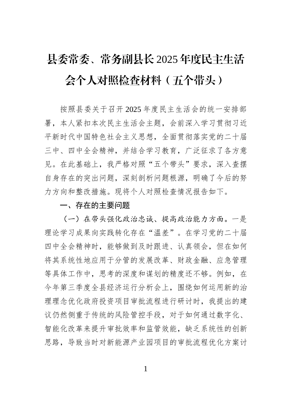 县委常委、常务副县长2025年度民主生活会个人对照检查材料（五个带头）.docx_第1页