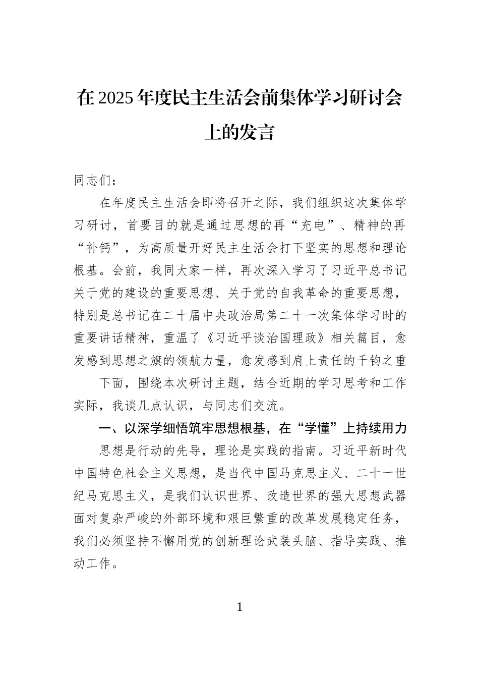 在2025年度民主生活会前集体学习研讨会上的发言.docx_第1页