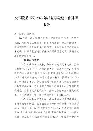 公司党委书记2025年抓基层党建工作述职报告.docx