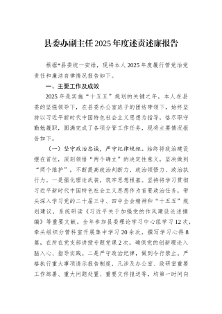 县委办副主任2025年度述责述廉报告.docx