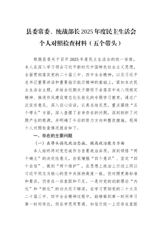 县委常委、统战部长2025年度民主生活会个人对照检查材料（五个带头）.docx