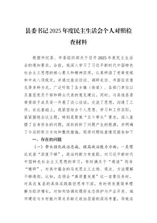 县委书记2025年度民主生活会个人对照检查材料.docx