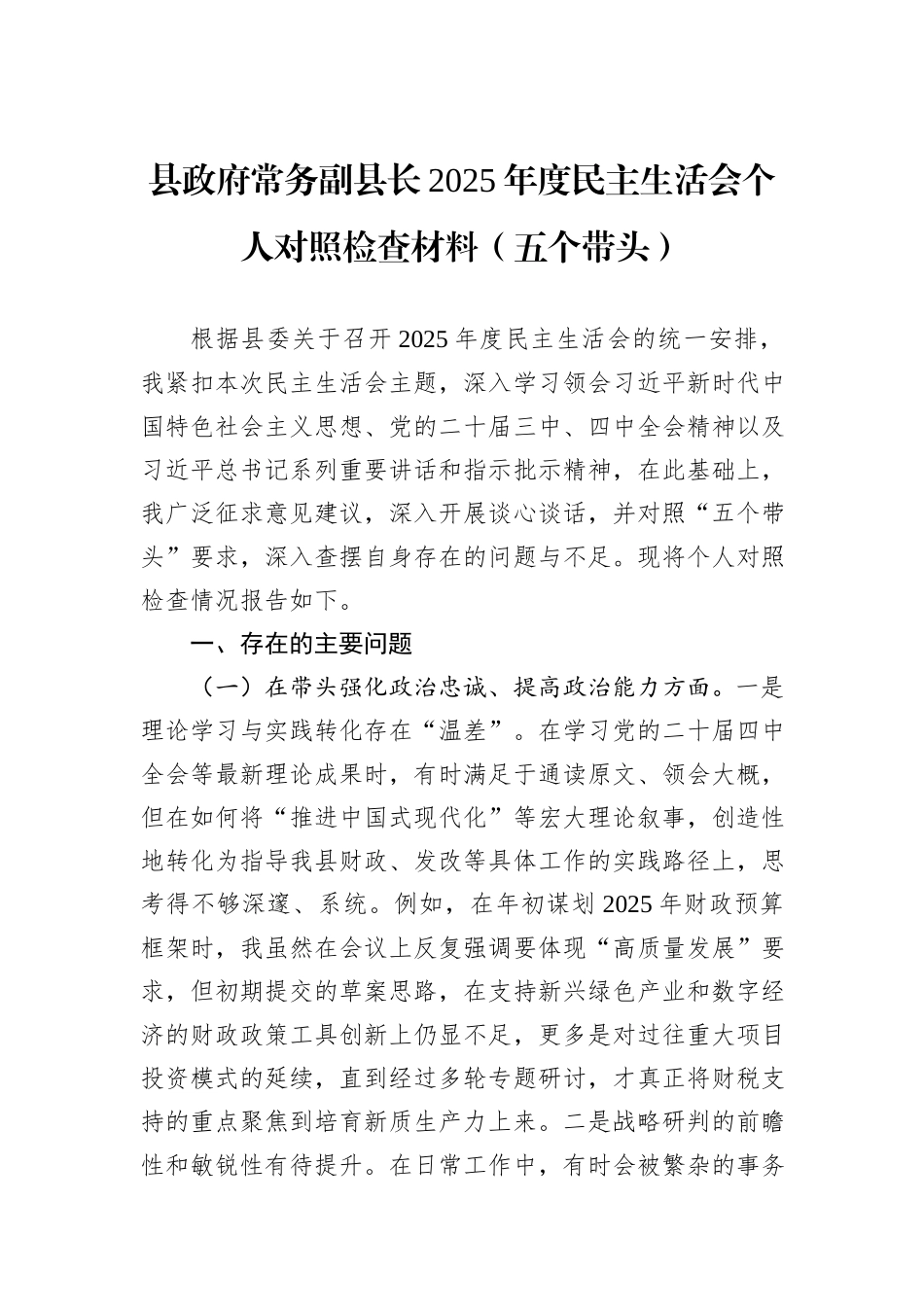 县政府常务副县长2025年度民主生活会个人对照检查材料（五个带头）.docx_第1页