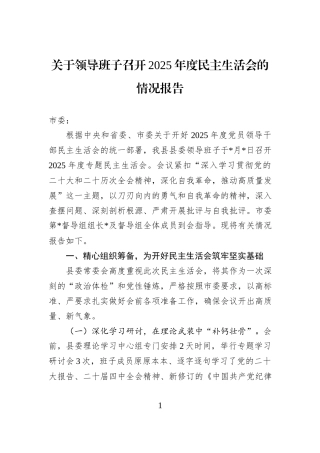 关于领导班子召开2025年度民主生活会的情况报告.docx