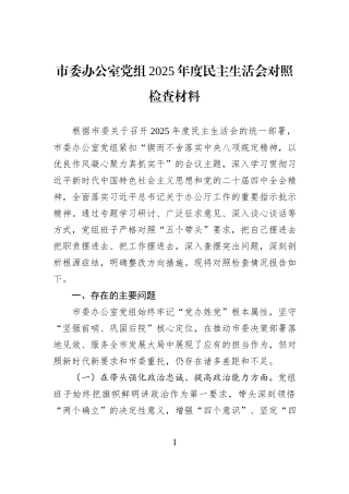 市委办公室党组2025年度民主生活会对照检查材料.docx
