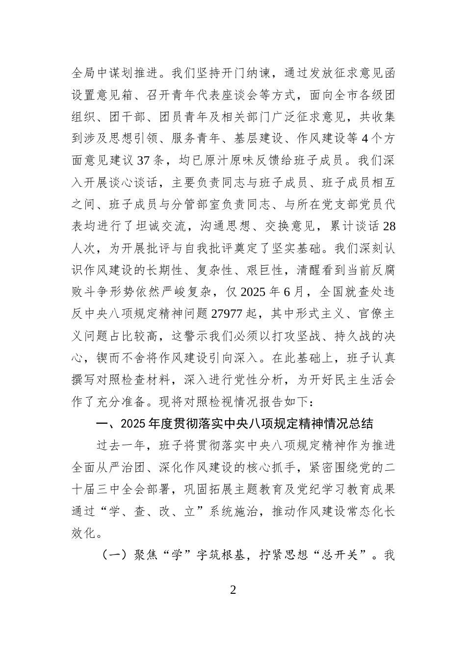 团市委领导班子2025年度民主生活会对照检视发言材料.docx_第2页