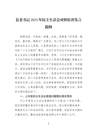 县委书记2025年民主生活会对照检查发言提纲.docx