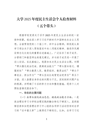大学2025年度民主生活会个人检查材料（五个带头）.docx